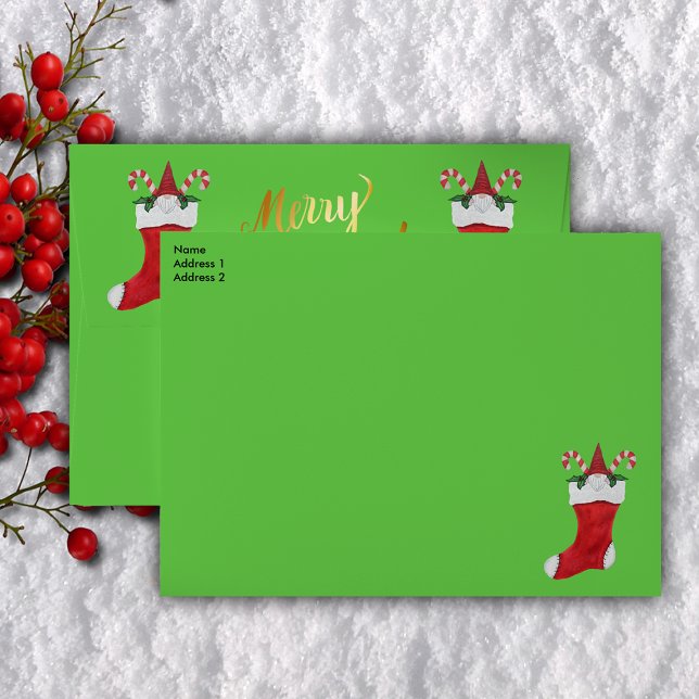 Christmas Bearded Gnome in Stocking Candy Canes Envelope (Gnome in red Christmas Stocking with candy Canes and Gold Merry Christmas text on green envelopes.)