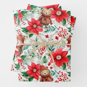 Christmas Bears & Poinsettias Wrapping Paper