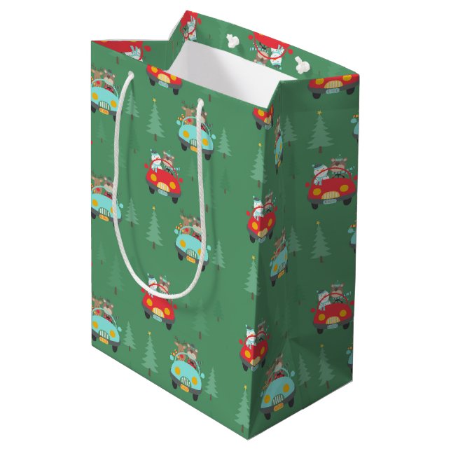 Christmas Bears Snowmen In Cars Medium Gift Bag (Back Angled)