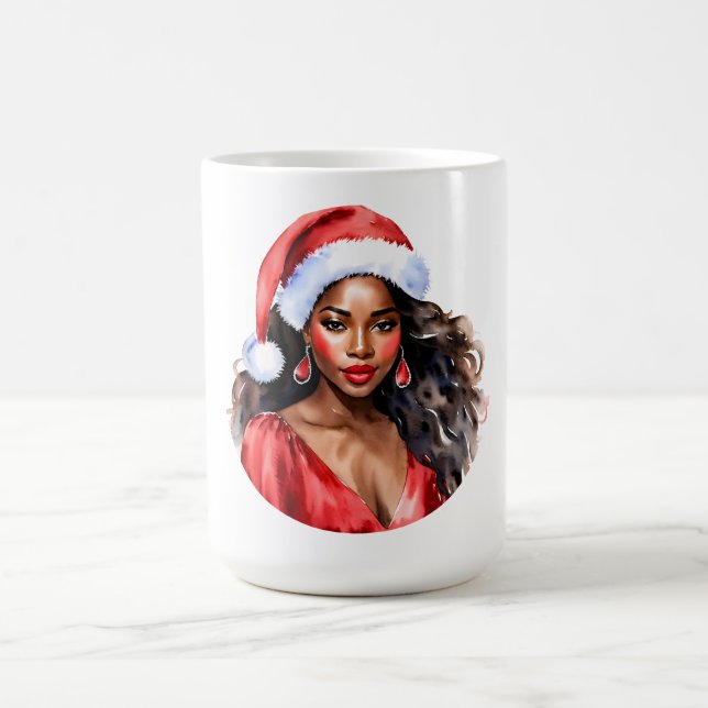 Christmas Beautiful Black Woman Santa Hat Coffee Mug (Center)
