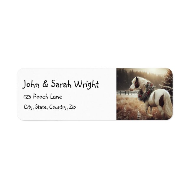 Christmas Beautiful Brown Horse & Wreath Return Address Label (Front)