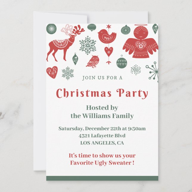 Christmas Beautiful Nordic Pattern Green Invitation (Front)