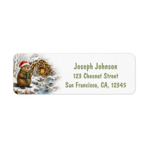 Christmas Beaver with Santa Hat Watercolor Return Address Label