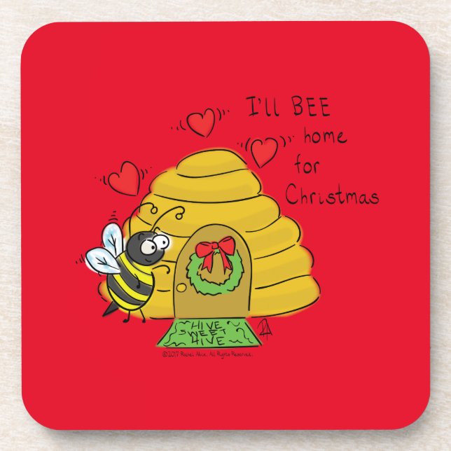Christmas Bee Funny Holiday Cartoon Coaster (Front)