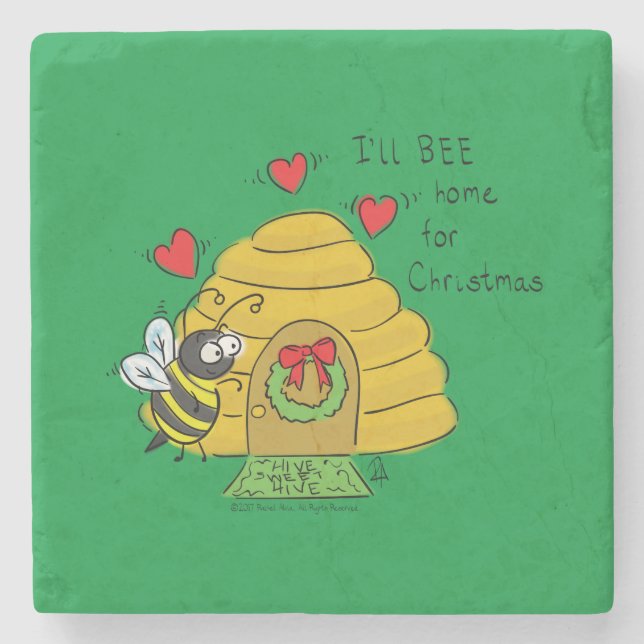 Christmas Bee Funny Holiday Cartoon Stone Coaster (Front)