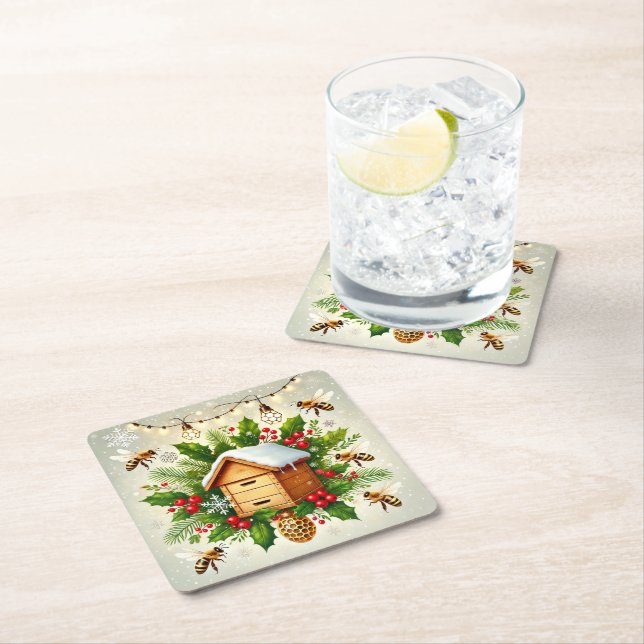 Christmas Beekeeping Square Paper Coaster (Insitu)
