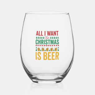 Christmas Beer Funny Holiday Drinking Design Stemless Wine Glass