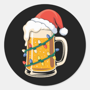 Christmas Beer Mug Santa Hat Lights Holiday Xmas Classic Round Sticker