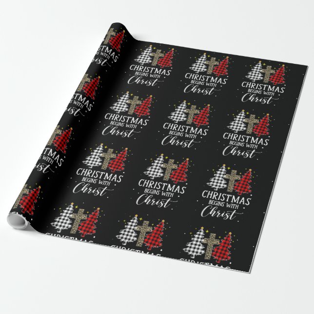Christmas Begins With Christ Jesus Cross Christian Wrapping Paper (Unrolled)