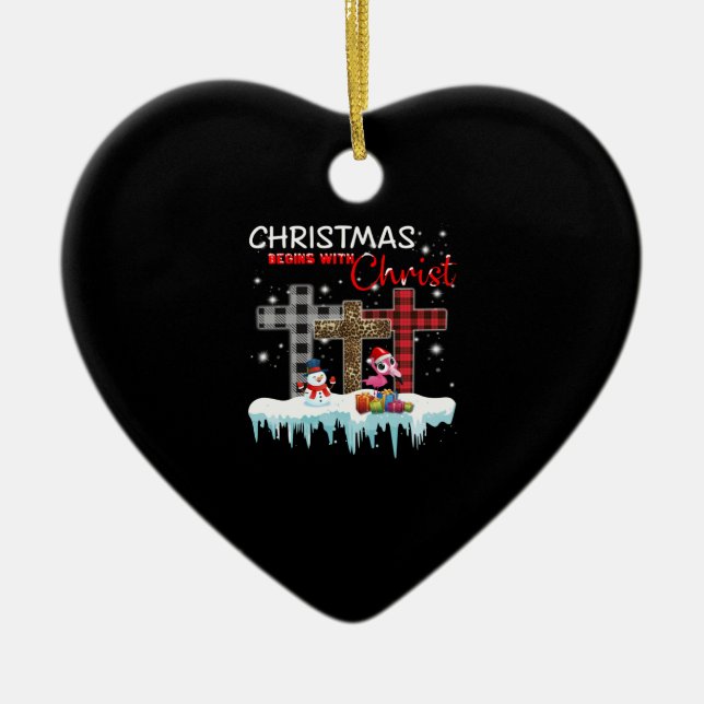 Christmas Begins With Christ Love Flamingo Ceramic Ornament (Front)
