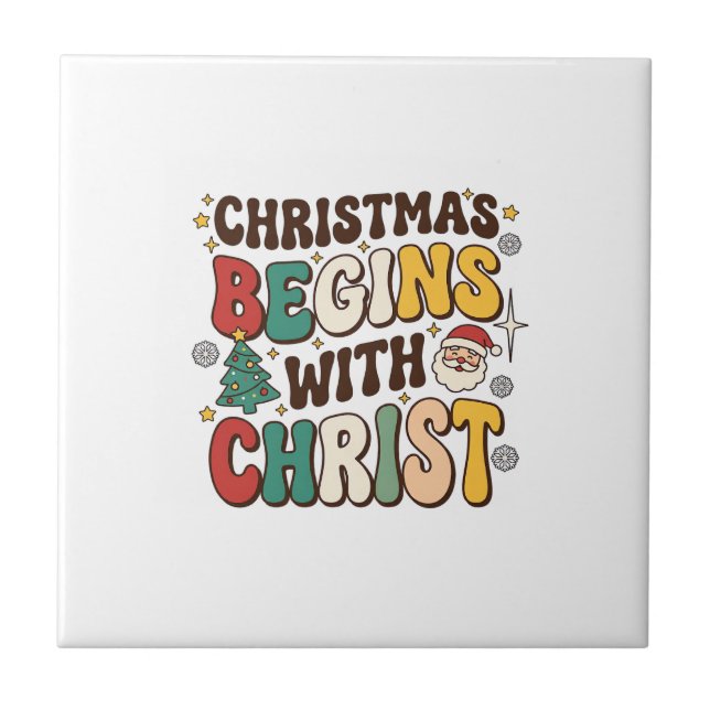 Christmas Begins With Christ Santa Tree Design Ceramic Tile (Front)