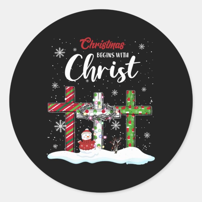 Christmas Begins With Christ Snowman Christian Cro Classic Round Sticker (Front)