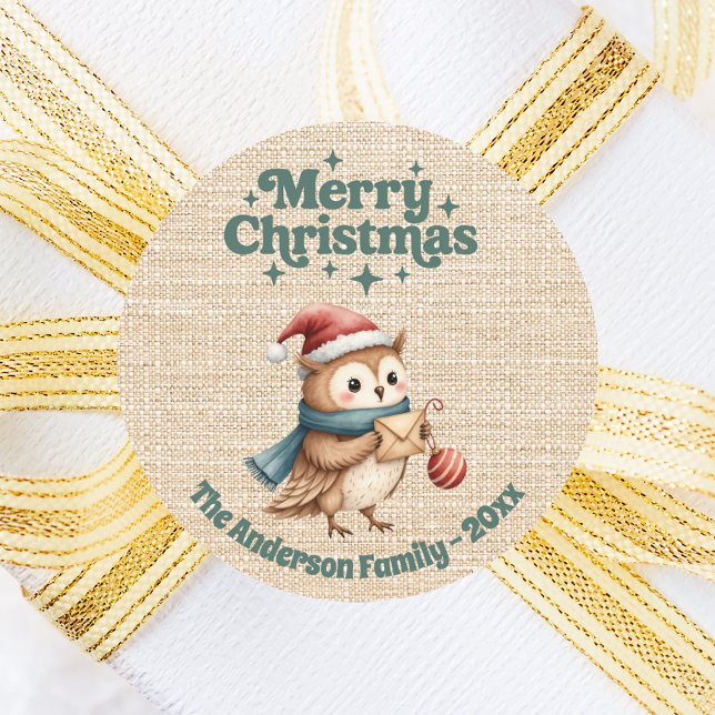 Christmas beige burlap cute owl classic round sticker (Creator Uploaded)
