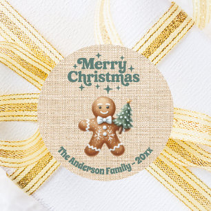 Christmas beige burlap gingerbread man classic round sticker