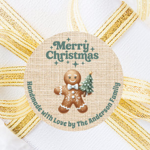 Christmas beige burlap gingerbread man handmade classic round sticker