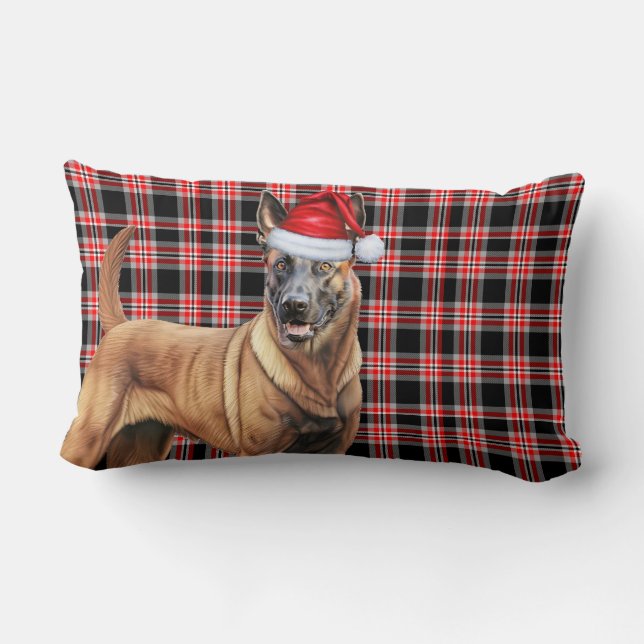Christmas Belgian Malinois Dog Red Plaid Holiday Lumbar Cushion (Back)