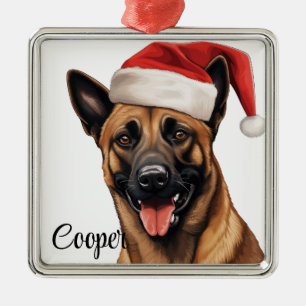 CHRISTMAS BELGIAN MALINOIS DOG WITH SANTA HAT METAL ORNAMENT