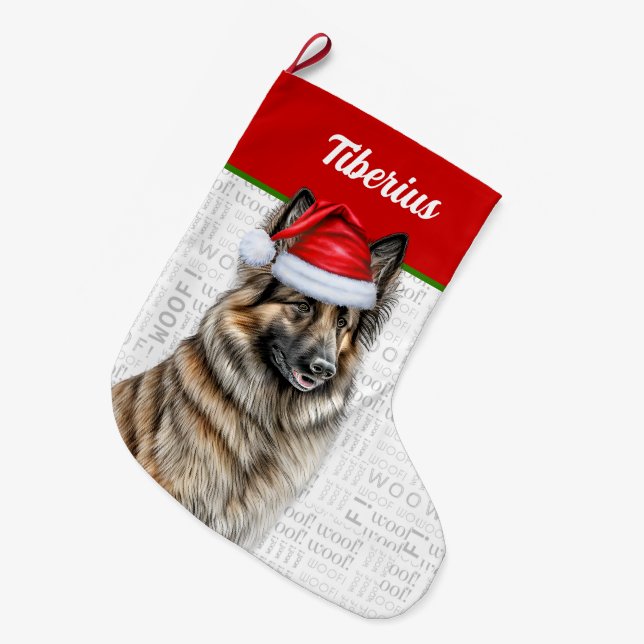 Christmas Belgian Tervuren with Dog's Name Large Christmas Stocking (Front (Hanging))