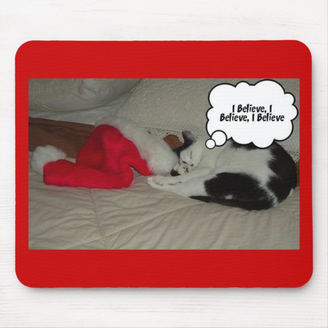 Christmas Believe Black and White Kitten Mouse Pad (Front)