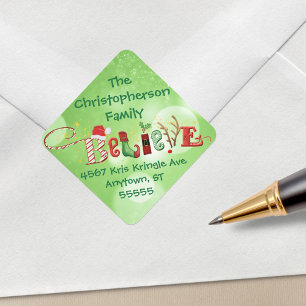 Christmas BELIEVE Green Bokeh Return Address Square Sticker