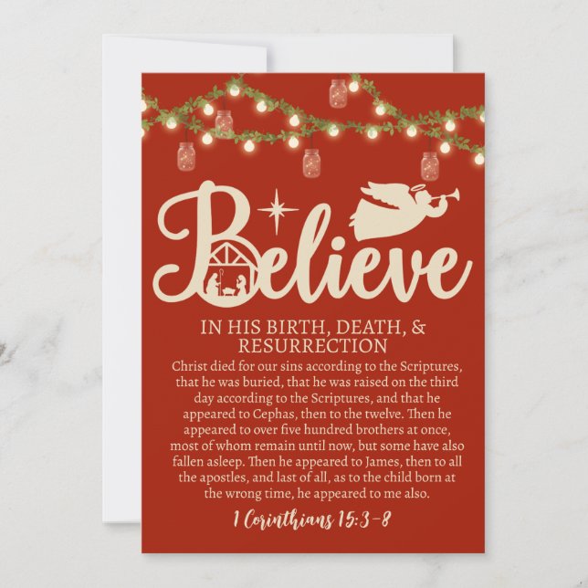 Christmas Believe Jesus Nativity Red Jar Lights Holiday Card (Front)
