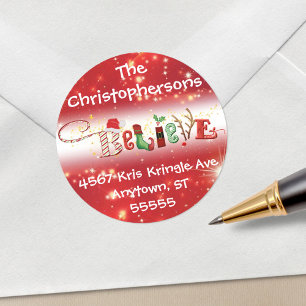 Christmas BELIEVE Nostalgic Return Address Classic Round Sticker