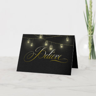 Christmas believe on black with jar lights card