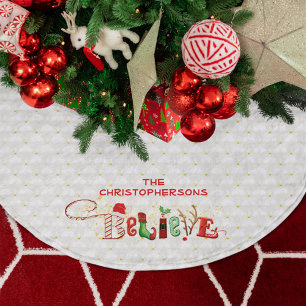 Christmas BELIEVE Personalised Quilted White Brushed Polyester Tree Skirt