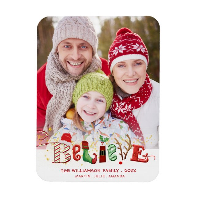 Christmas BELIEVE Photo Name Nostalgic Magnet (Vertical)