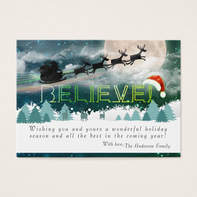 Christmas BELIEVE Reindeer Sleigh Holiday Greeting (Front)
