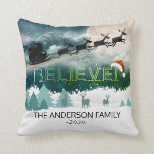 Christmas BELIEVE Reindeer Sleigh Santa Hat Photo Cushion