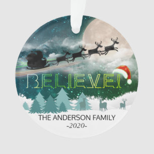 Christmas BELIEVE Reindeer Sleigh Santa Hat Photo Ornament