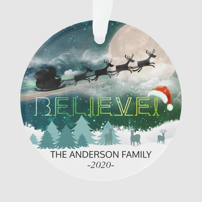 Christmas BELIEVE Reindeer Sleigh Santa Hat Photo Ornament (Front)