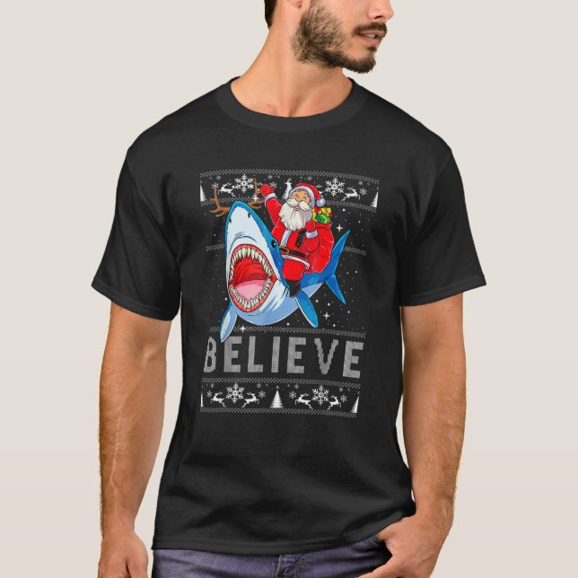 Christmas Believe Santa Claus Riding Shark Xmas UG T-Shirt (Front)