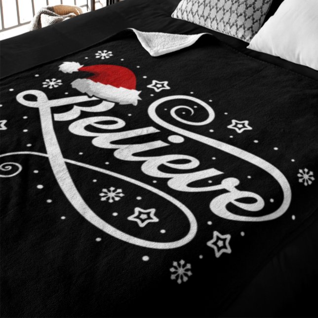 Christmas Believe Santa Claus - Santa Hat Black Fleece Blanket (Creator Uploaded)