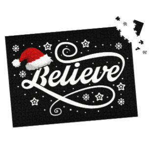 Christmas Believe Santa Claus - Santa Hat Black Jigsaw Puzzle