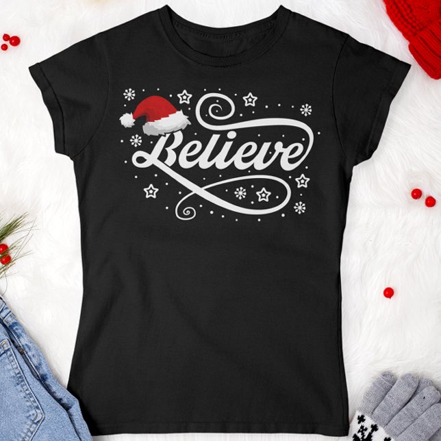 Christmas Believe Santa Claus - Santa Hat Black T-Shirt (Creator Uploaded)