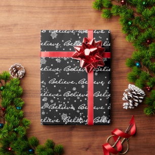 Christmas Believe Text and Snowflakes Wrapping Pa Wrapping Paper