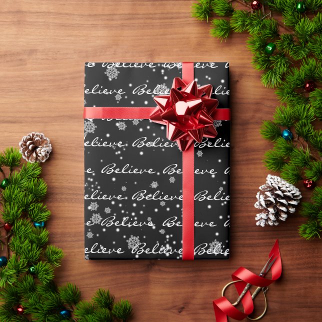 Christmas Believe Text and Snowflakes  Wrapping Pa Wrapping Paper (Holiday Gift)