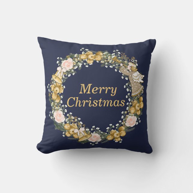 Christmas Bell, Angel, Pink Roses, White Flower Cushion (Front)