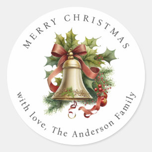 Christmas Bell Holly Berries Ribbon Holiday Classic Round Sticker