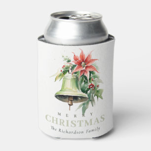 Christmas Bell Pine Poinsettia Foliage Watercolor Can Cooler