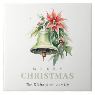 Christmas Bell Pine Poinsettia Foliage Watercolor Ceramic Tile