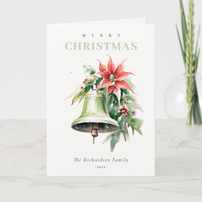 Christmas Bell Pine Poinsettia Foliage Watercolor Holiday Card (Front)