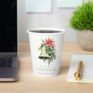 Christmas Bell Pine Poinsettia Foliage Watercolor Paper Cups
