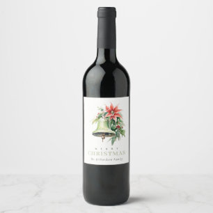 Christmas Bell Pine Poinsettia Foliage Watercolor Wine Label