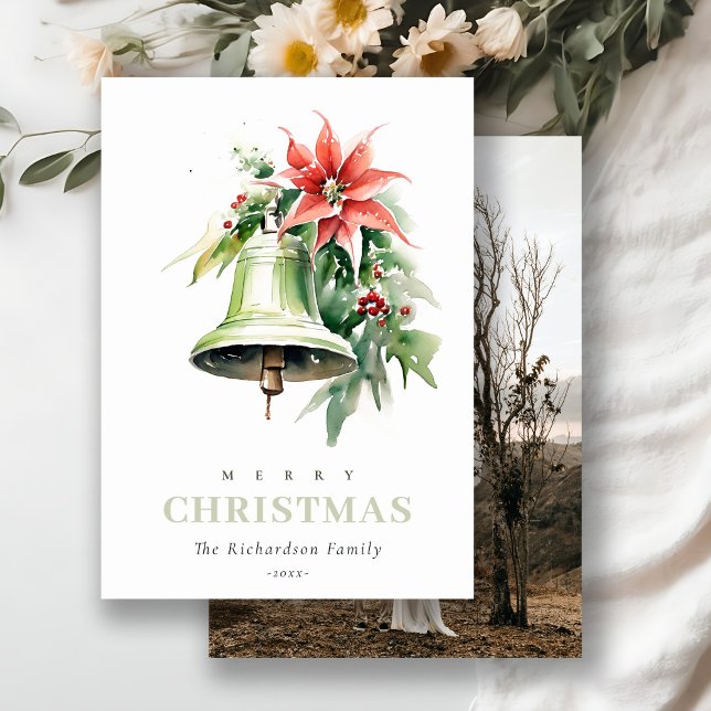 Christmas Bell Pine Poinsettia Watercolor Photo Holiday Card (Creator Uploaded)