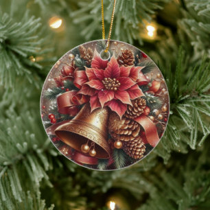 Christmas Bell & Poinsettia Ceramic Ornament