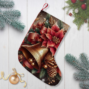 Christmas Bell & Poinsettia Small Christmas Stocking