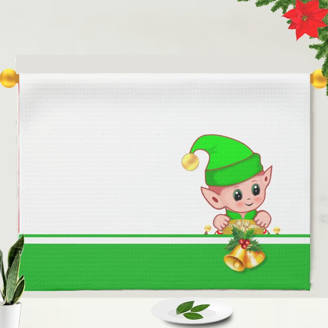 Christmas Bells and Cute Elf on Green and White Tea Towel (Creator Uploaded)